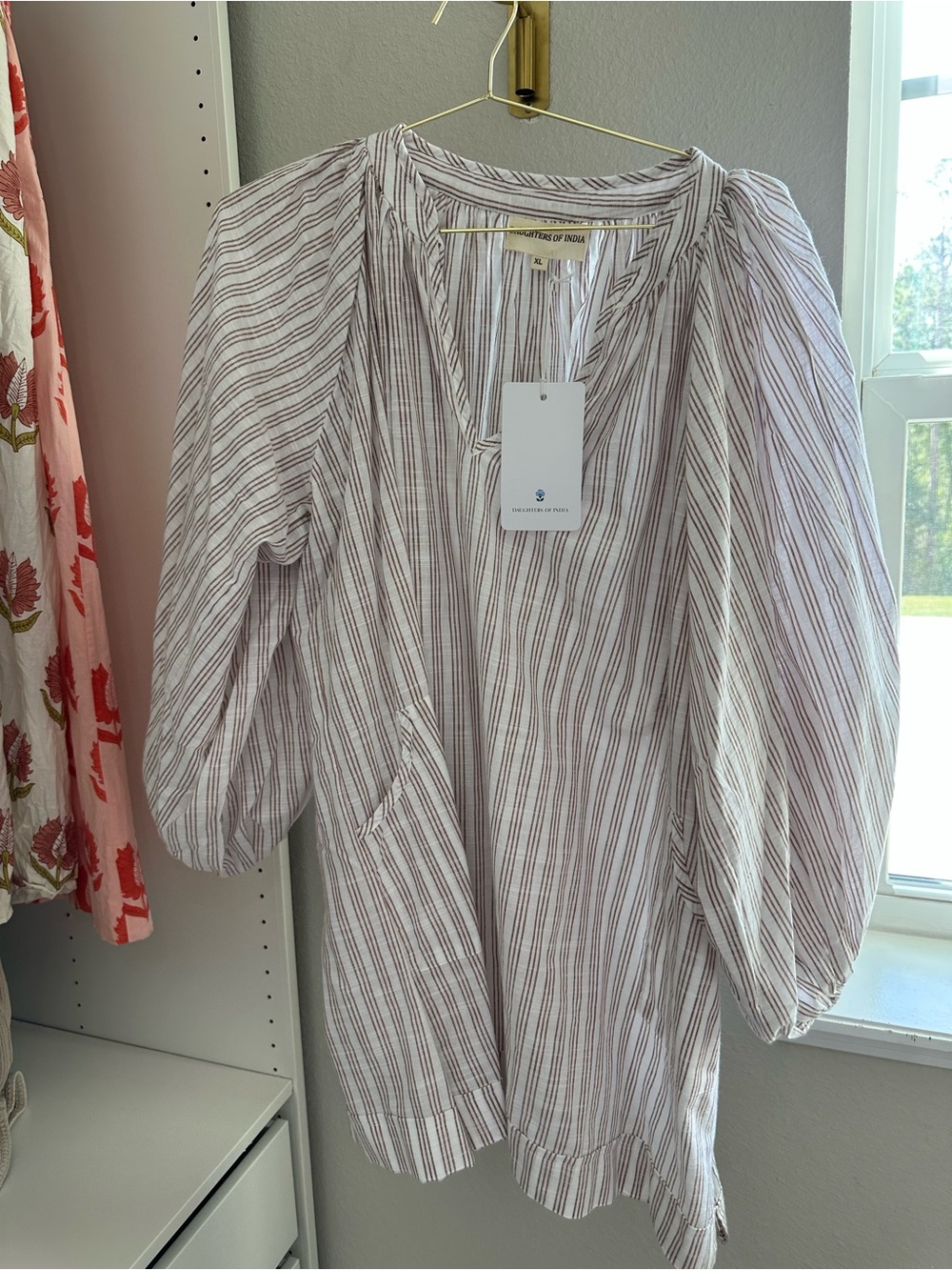 Daughters of India White and Taupe Striped Balloon-Sleeve Tunic